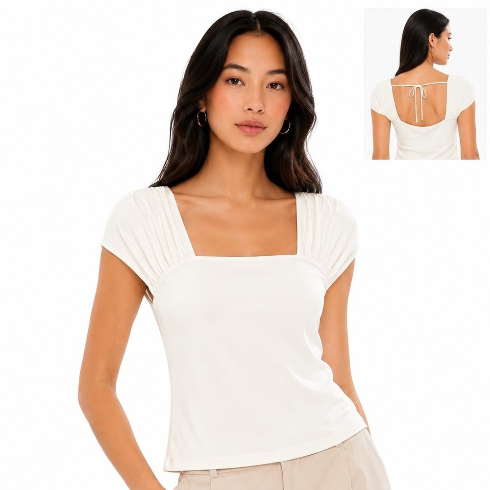 The Commons Mindy Ruched Contour Knit Top White Short Sleeve Square Neck S